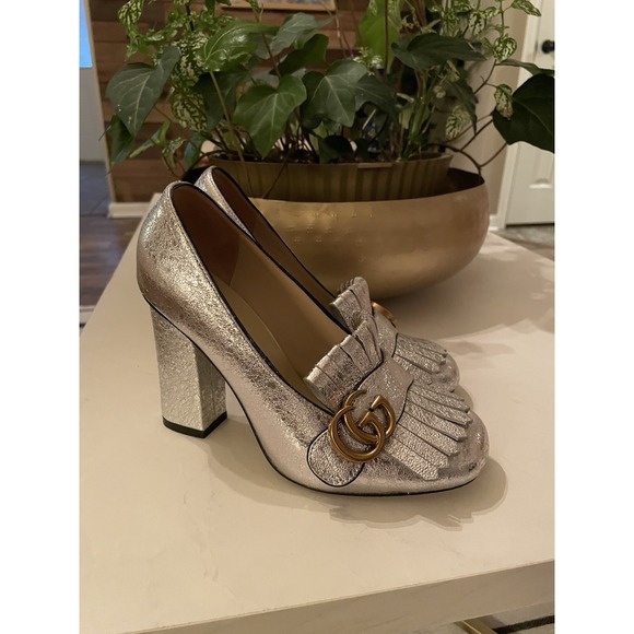 Gucci Shoes - Gucci Silver Foil Leather GG Marmont Fringe Detail Block Heel Size 39, 4" Heel
